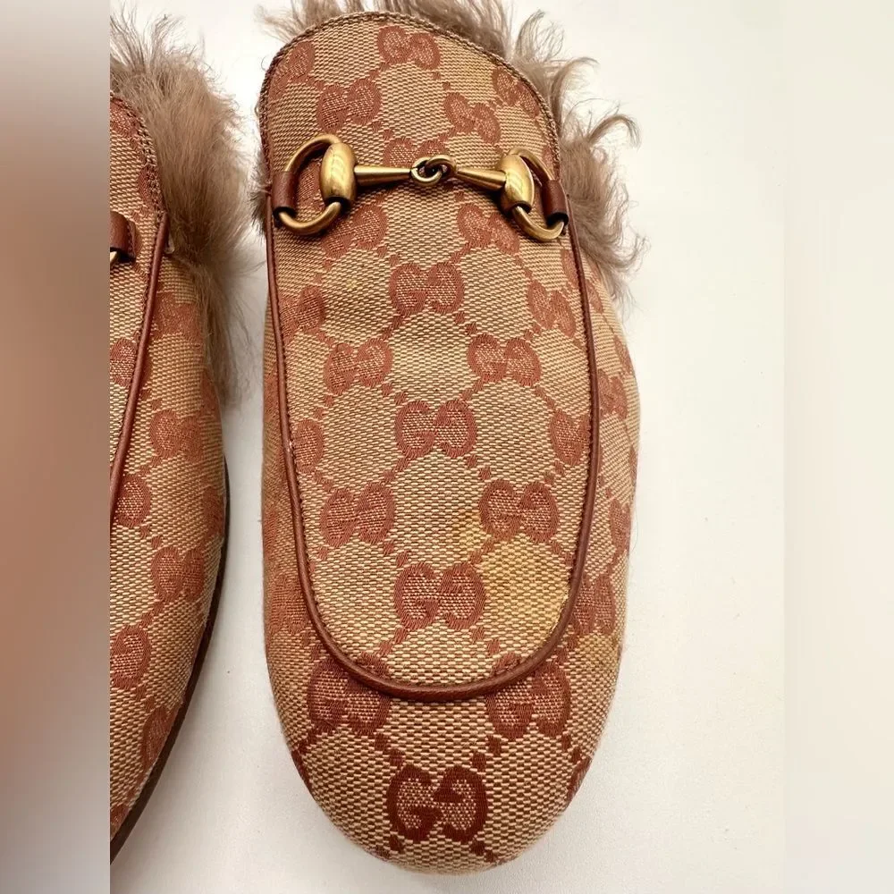 Gucci Princetown Horsebit Brown GG Print Canvas Fur Slippers Loafers US 7 EU 41